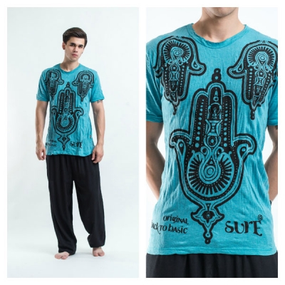 T-shirt etnica uomo amuleto Khamsa - Turchese